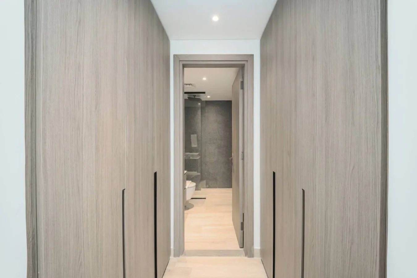 Un pasillo estrecho conduce a un baño con una zona de ducha visible.