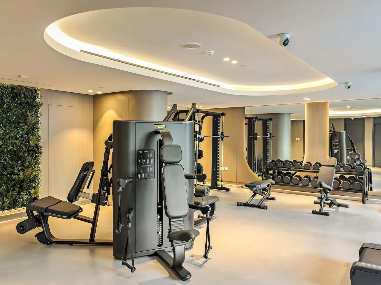Un gimnasio con máquinas de ejercicio, pesas y bancos.