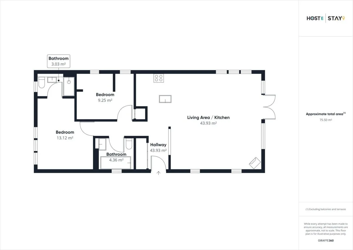 A floor plan shows two bedrooms, bathrooms, a hallway, and an open living area with kitchen.