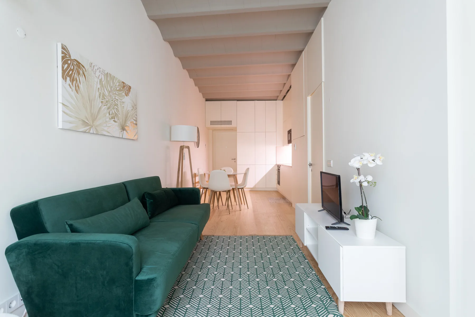 Una sala luminosa con asientos verdes, una alfombra estampada y un televisor.