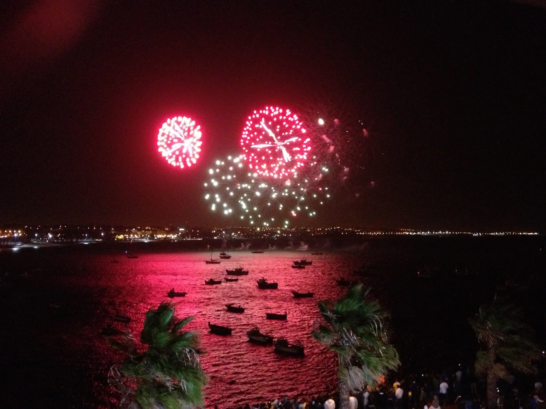 Fireworks light the night sky above a bay dotted with boats.