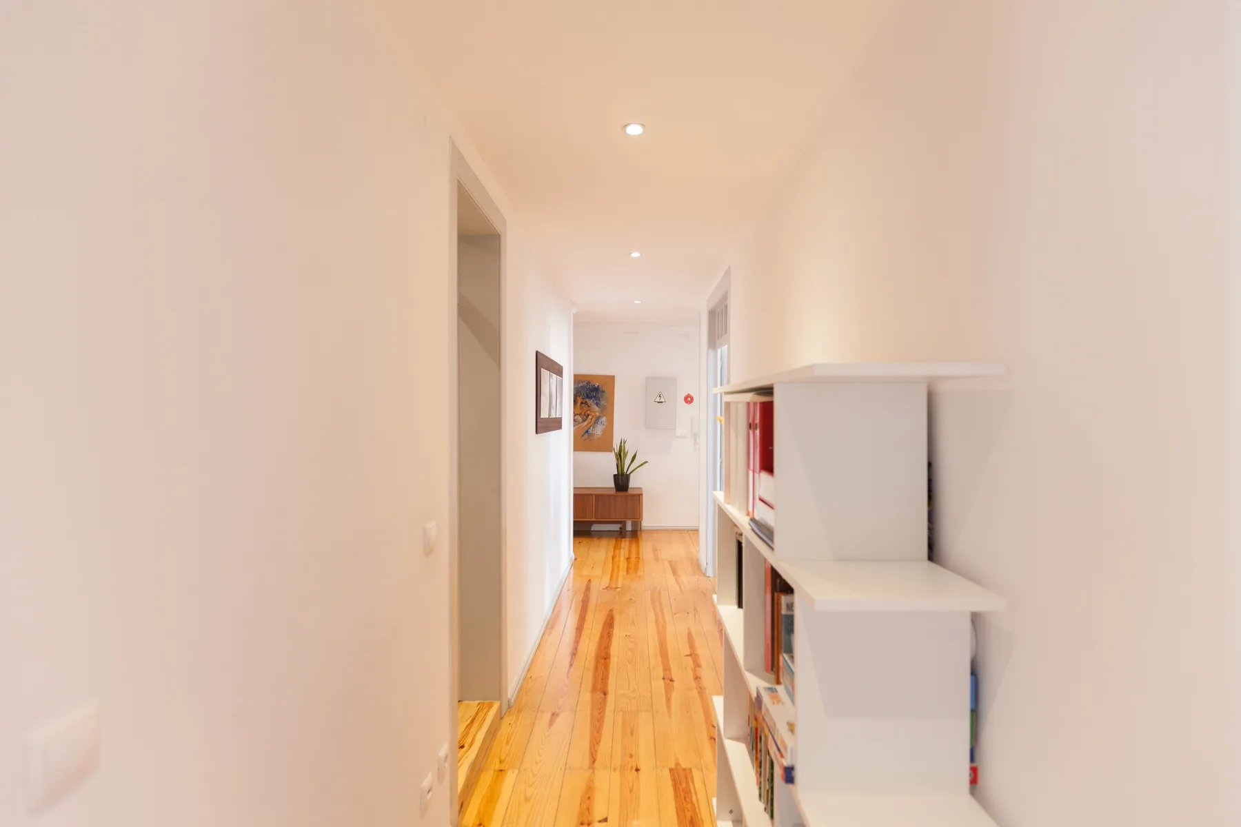 A bright hallway with wood flooring and built-in shelving along one side.