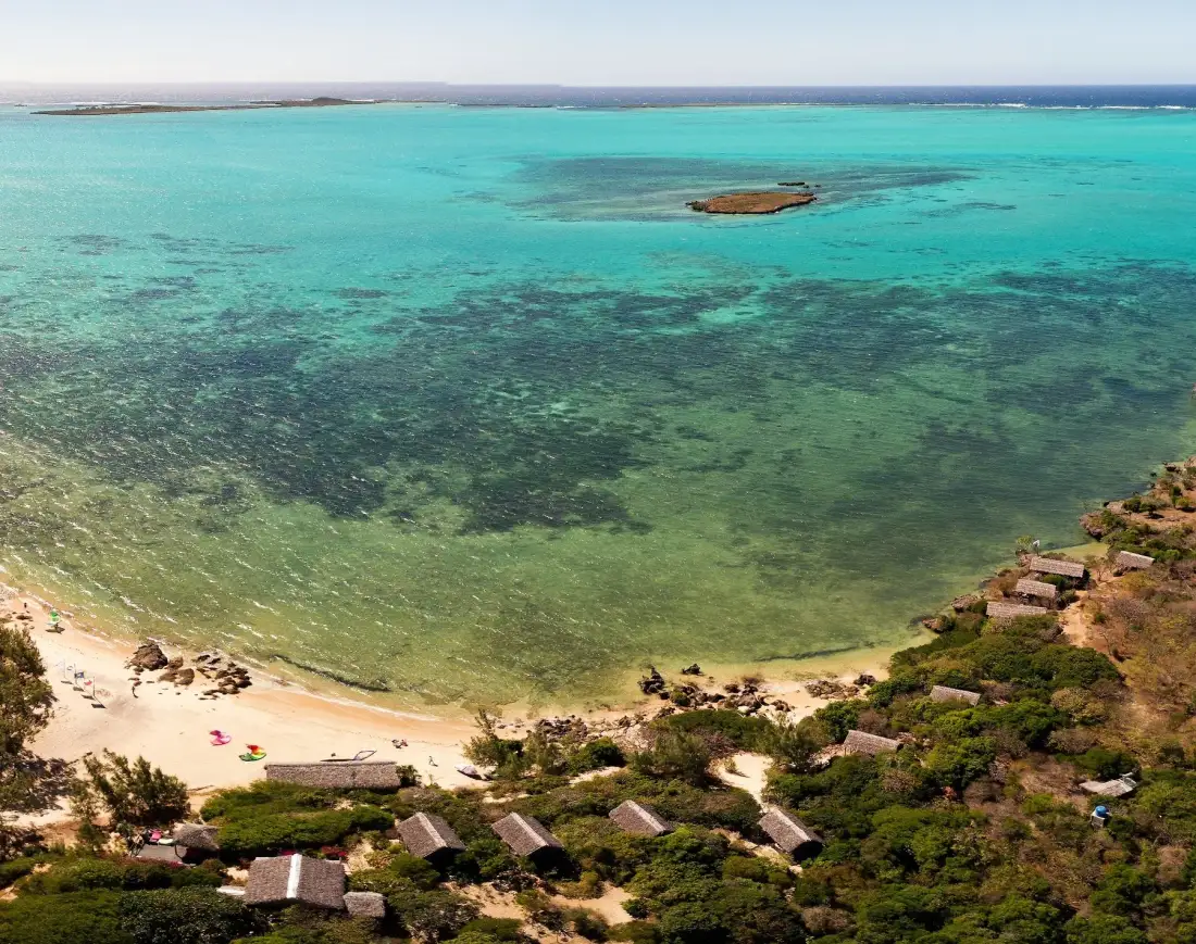 Aerial view of Babaomby Lodge beside the Emerald Sea lagoon, Madagascar