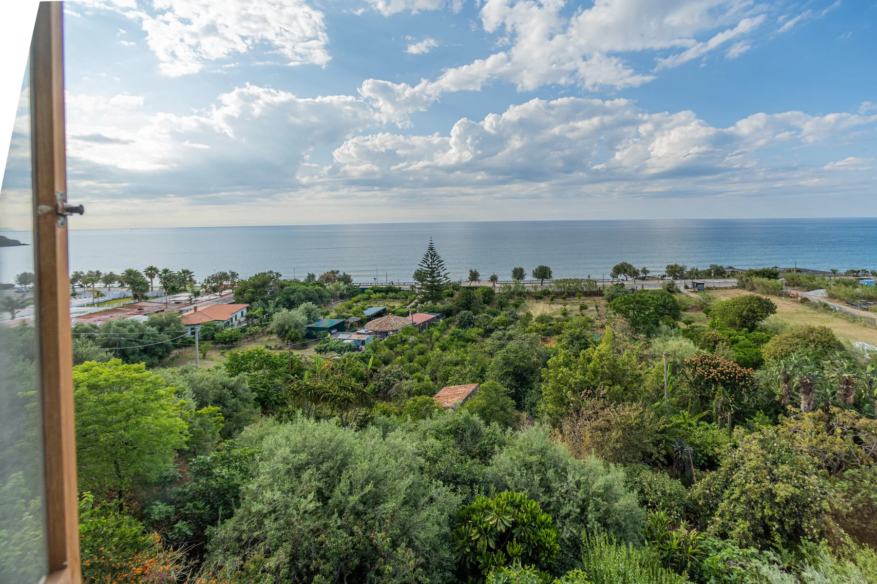 A coastal landscape overlooks the sea, with dense green vegetation in the foreground.