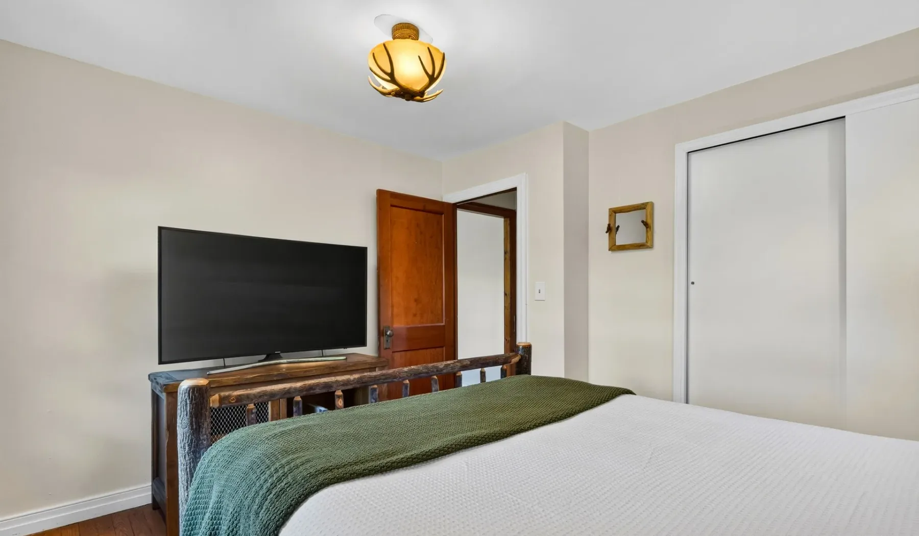 Un dormitorio con una cama, un televisor y una puerta de madera.