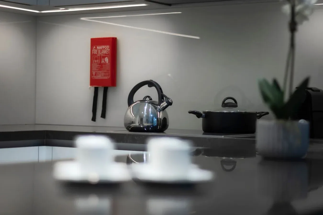 Una encimera de cocina tiene una tetera y una olla frente a un salpicadero gris.