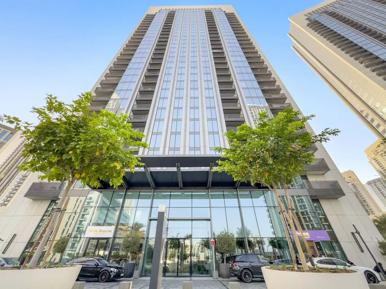 A modern high-rise building with glass windows and trees by the entrance.