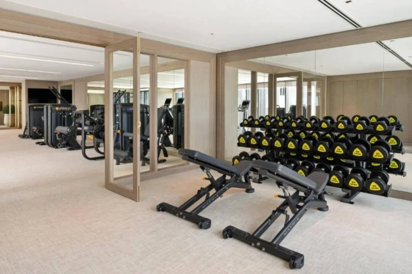 A gym with rows of dumbbells and adjustable weight benches.