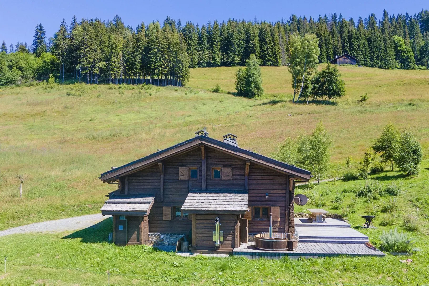 A wooden chalet sits on a grassy hillside below a tree line.