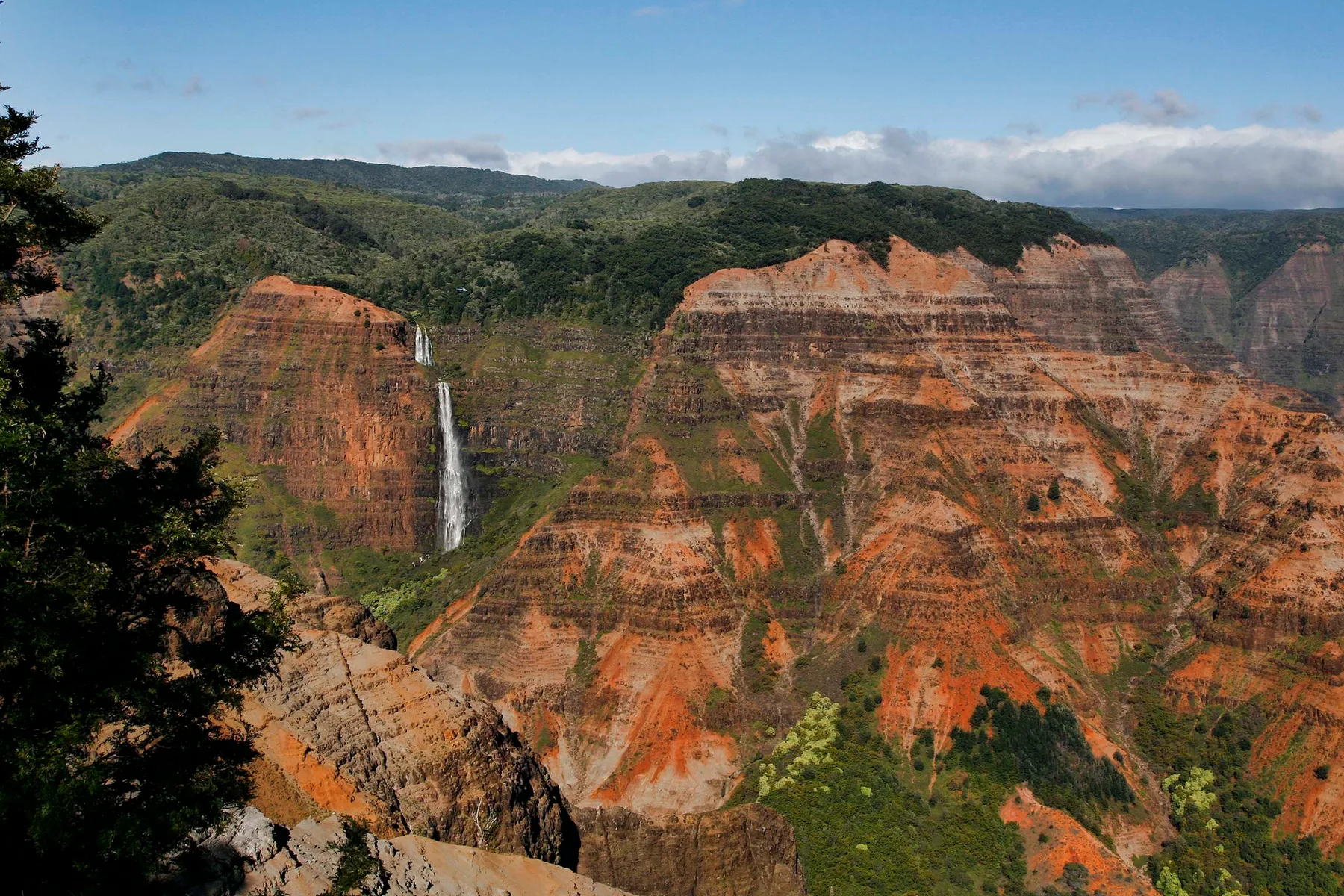 A waterfall descends through a broad, forested canyon with red rock slopes.