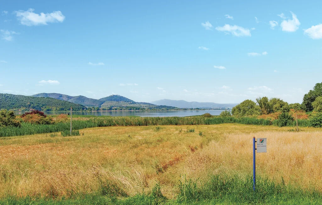 Un campo de hierba se extiende hacia un lago y colinas lejanas bajo un cielo azul.