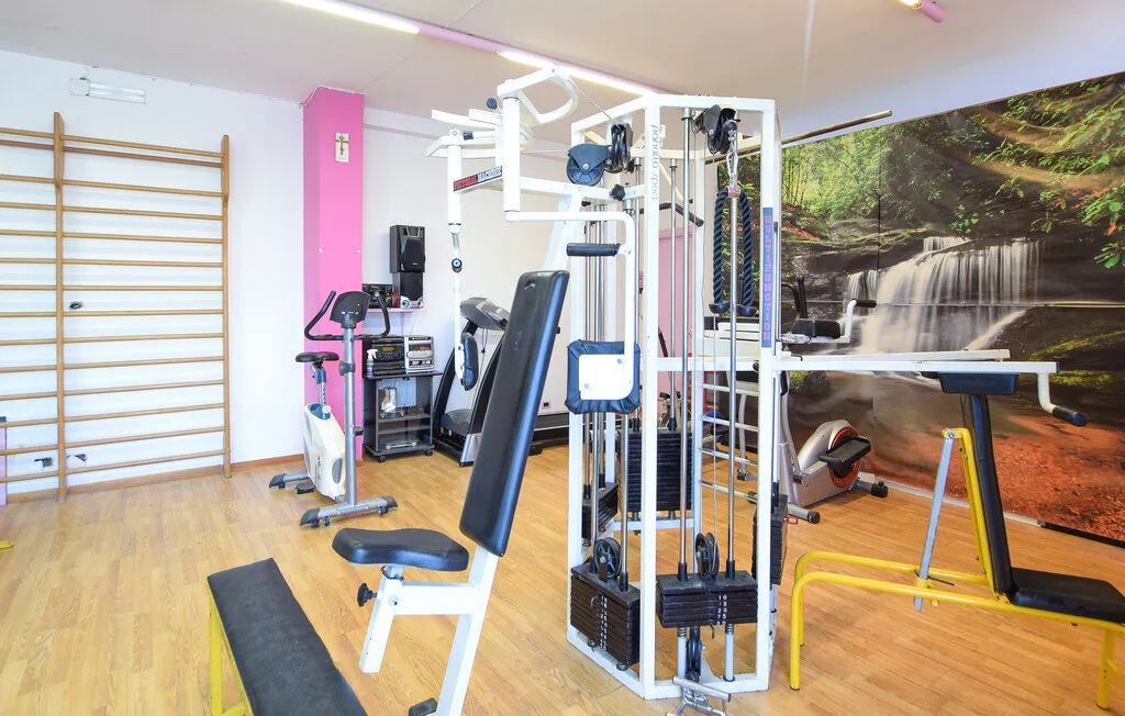 Un gimnasio con máquinas de ejercicio y un gran mural de una cascada en la pared.