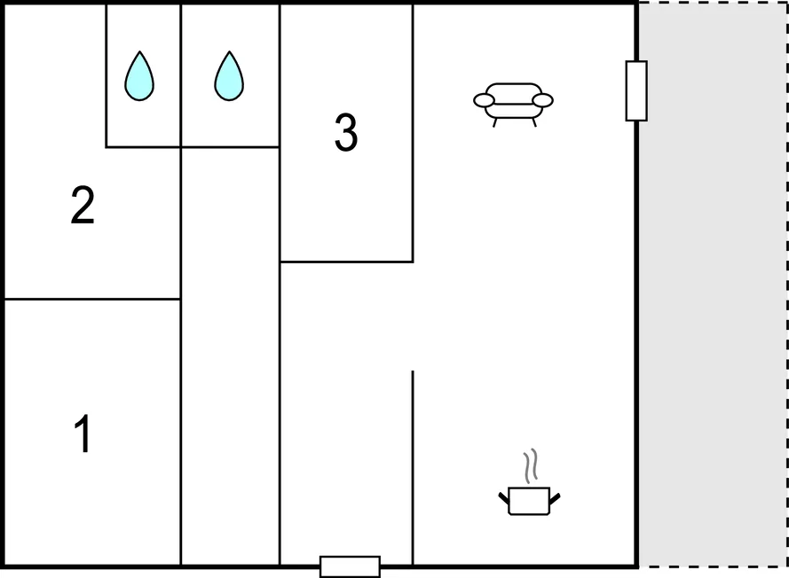 Un plano sencillo muestra habitaciones numeradas, un símbolo de asiento y otro de cocina.