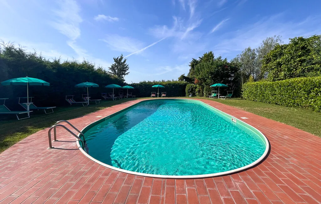 Una piscina al aire libre está rodeada por una terraza de ladrillo y vegetación.