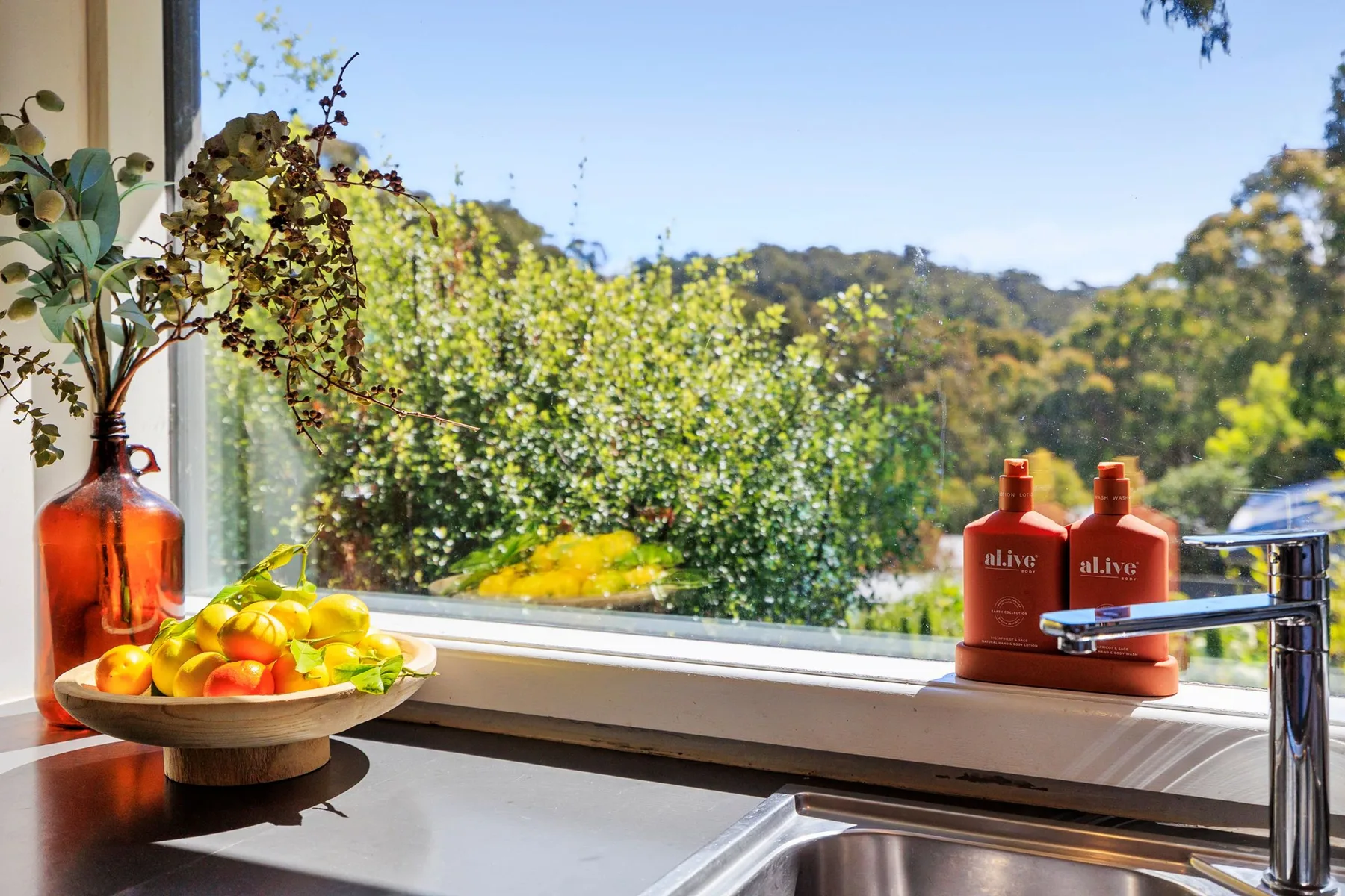 Kitchen sink and countertop overlook leafy greenery through a large window.