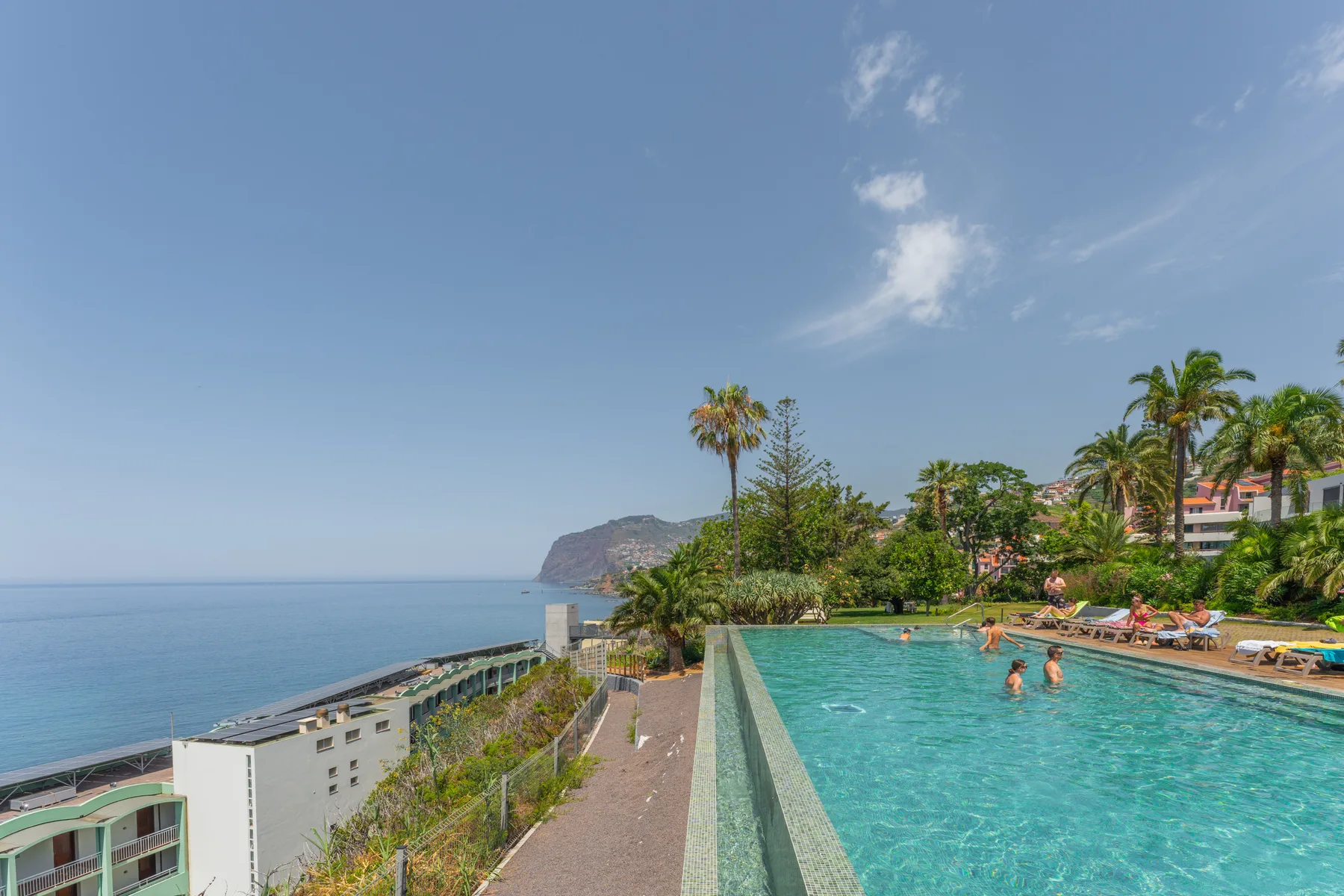 Una piscina ofrece vistas al océano, con palmeras y edificios junto a la costa.