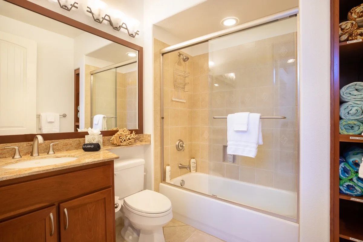 Un baño con lavabo, inodoro y combinación de bañera y ducha.