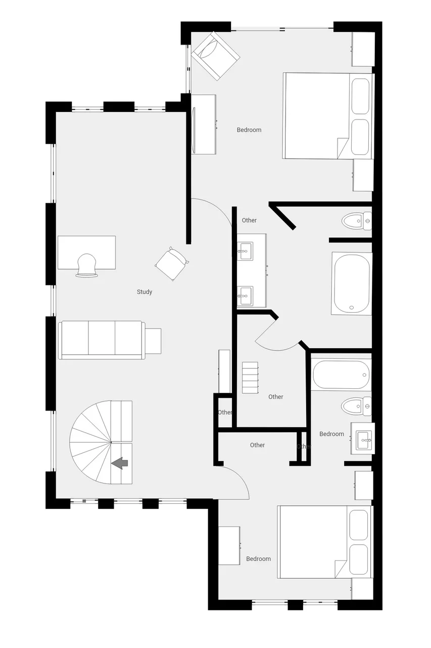Un plano en blanco y negro muestra varias habitaciones, incluidos dormitorios, un estudio y baños.