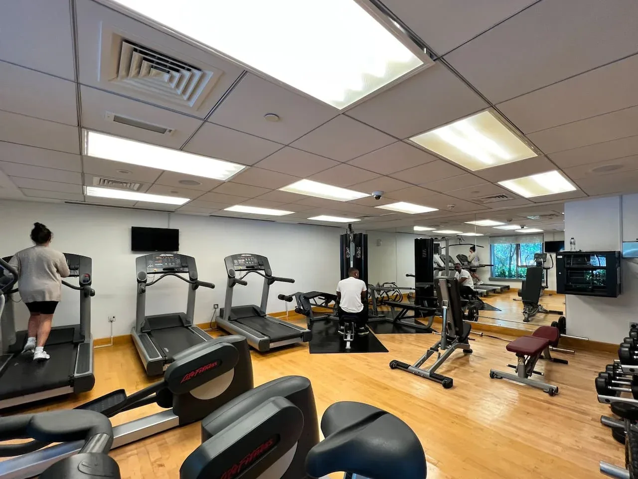 Un gimnasio con cintas de correr, máquinas de ejercicio y personas entrenando.