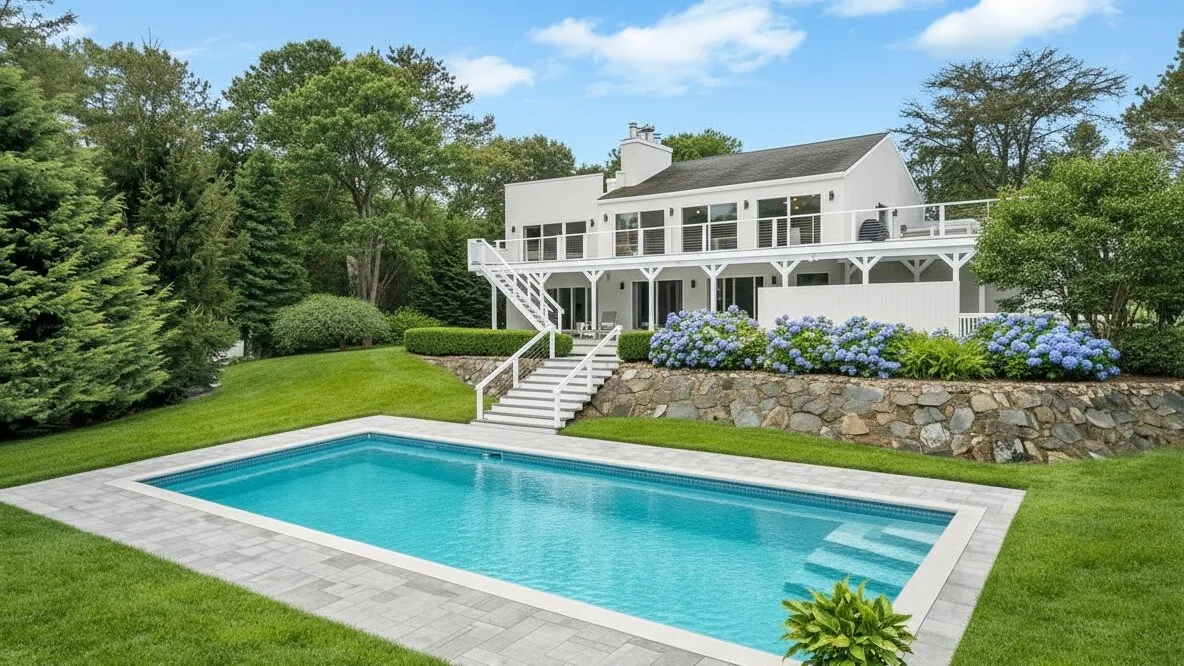 A white two-story house stands beside a rectangular swimming pool and landscaped lawn.