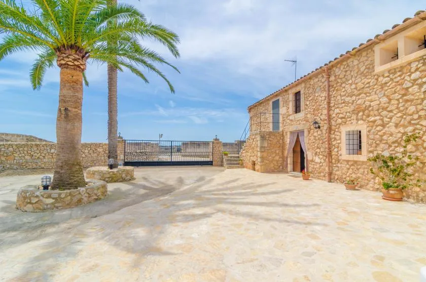 Un patio de piedra con palmeras y un gran edificio de piedra.