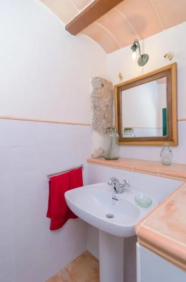 Un baño pequeño con lavabo de pedestal y espejo en la pared.