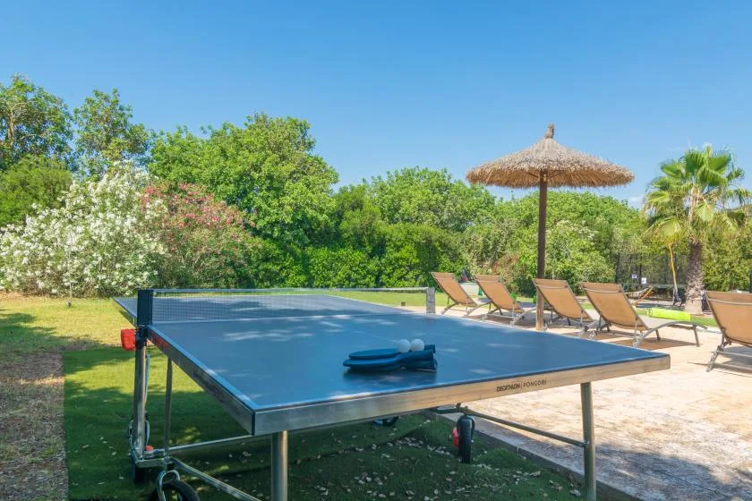 Una mesa de tenis de mesa al aire libre está junto a asientos y una sombrilla de paja.
