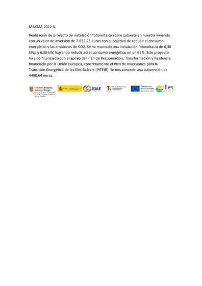 Un documento en español describe un proyecto de instalación fotovoltaica en una cubierta y su financiación.