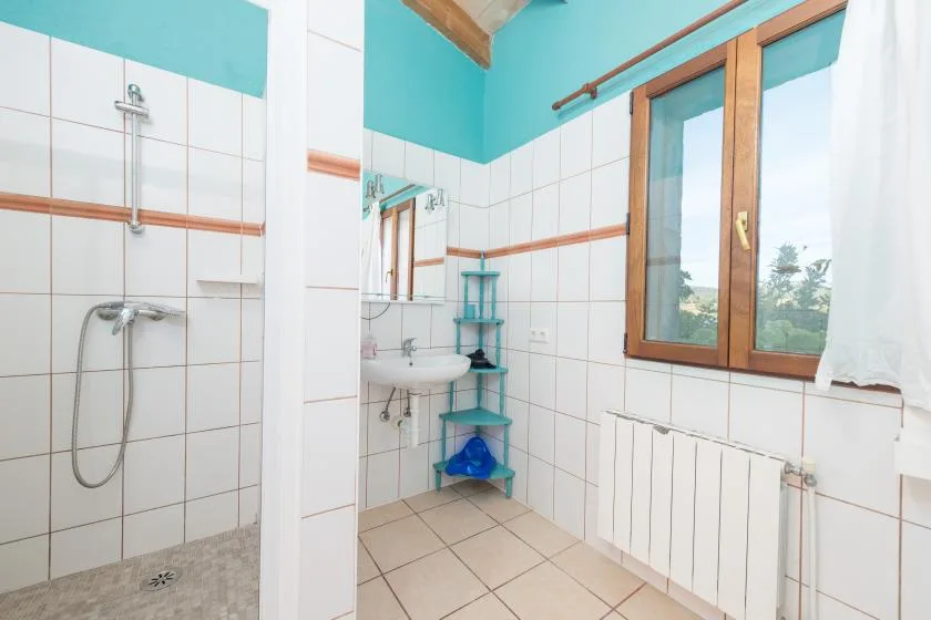 Un baño alicatado con ducha, lavabo y ventana.