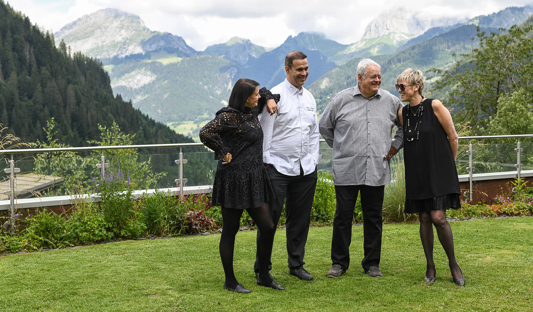 Trincaz family on the panoramic terrace at Fleur de Neige