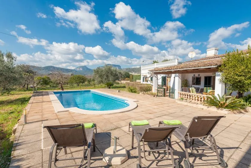 A swimming pool and paved patio sit beside a low house in a sunny landscape.