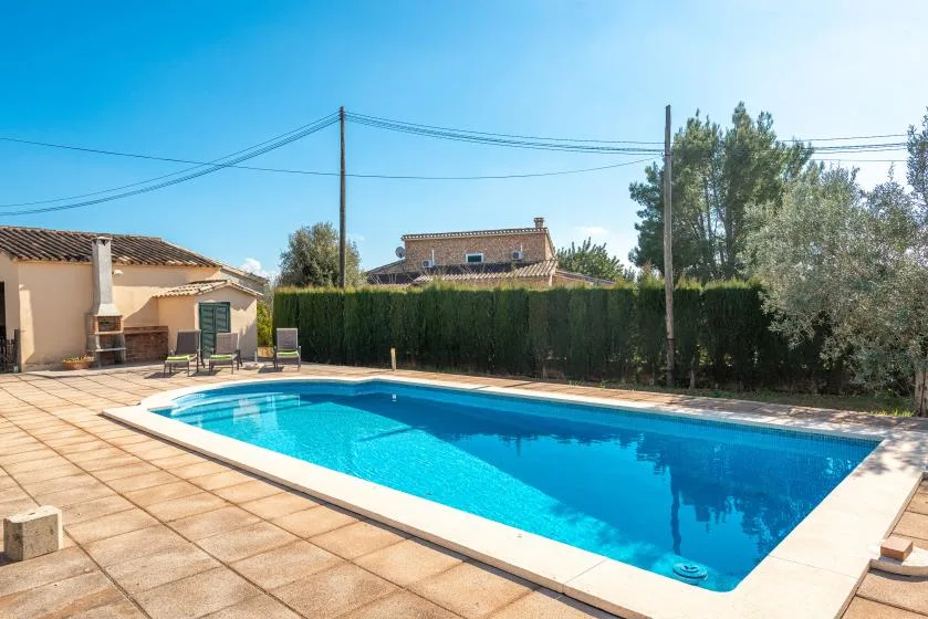 Una piscina al aire libre junto a un patio pavimentado y un seto alto.