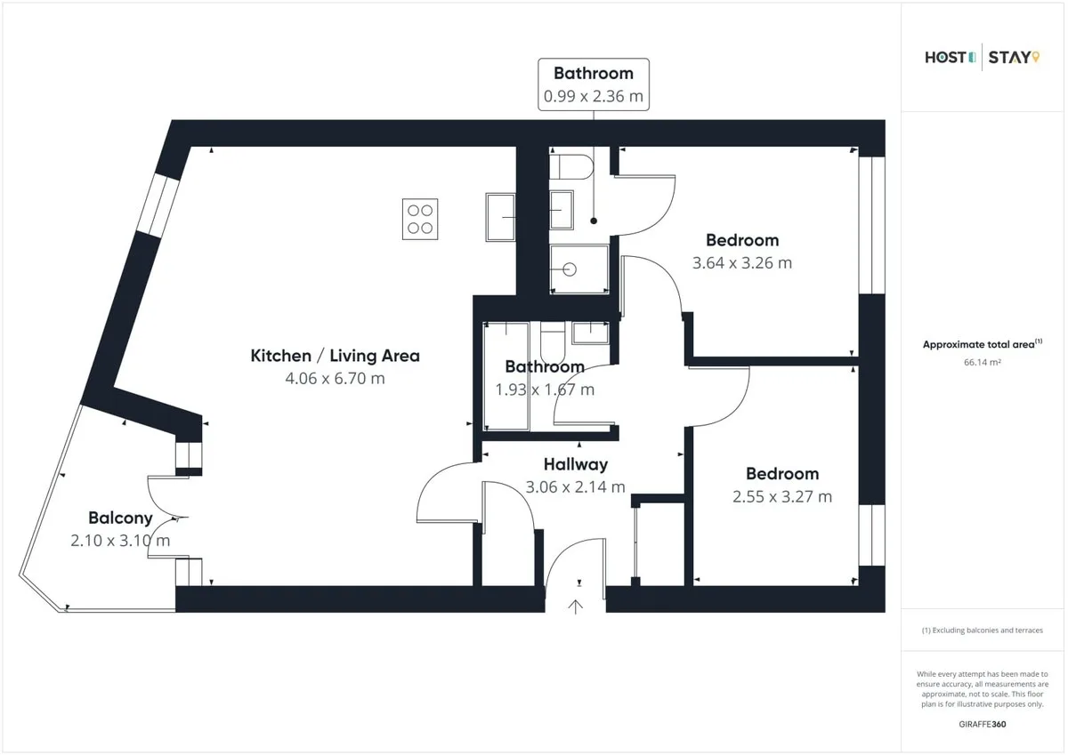 Un plano muestra una cocina y sala de estar, dos dormitorios, baños y un balcón.
