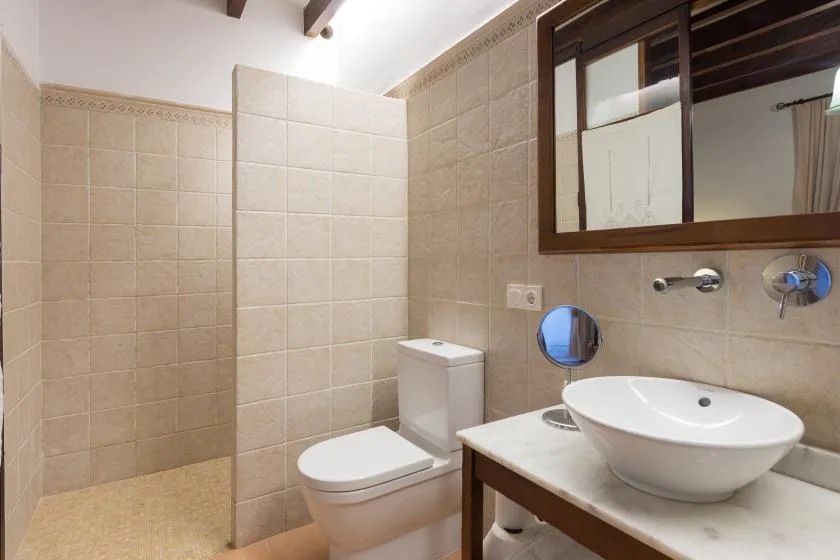 A tiled bathroom with a toilet, sink, and large wall mirror.