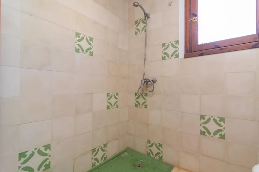 Una zona de ducha con azulejos, detalles verdes estampados y una ventana.
