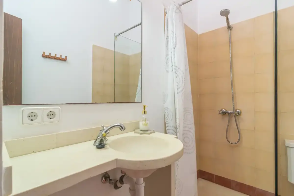 Un baño con lavabo, espejo y ducha.