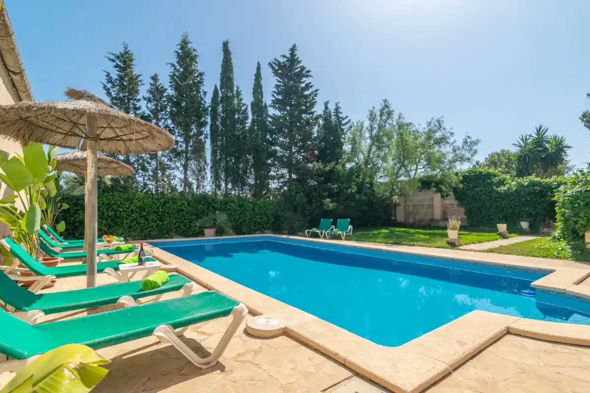 Una piscina exterior está rodeada de asientos reclinables y vegetación.