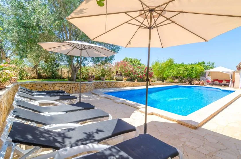 An outdoor swimming pool beside loungers and large sun umbrellas.