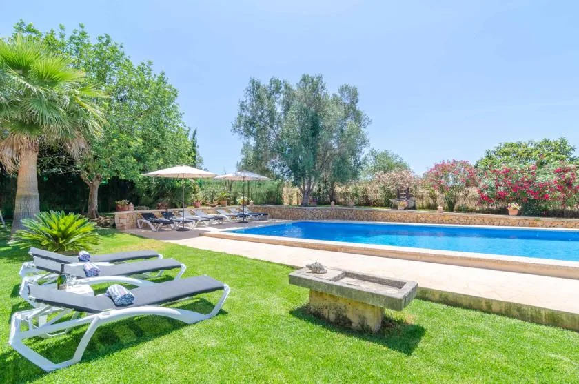 A landscaped poolside garden with blue water, lawn, and reclining loungers.