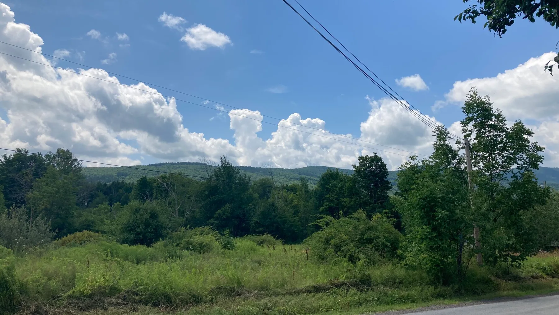 A green rural landscape with wooded hills beneath a cloudy blue sky.