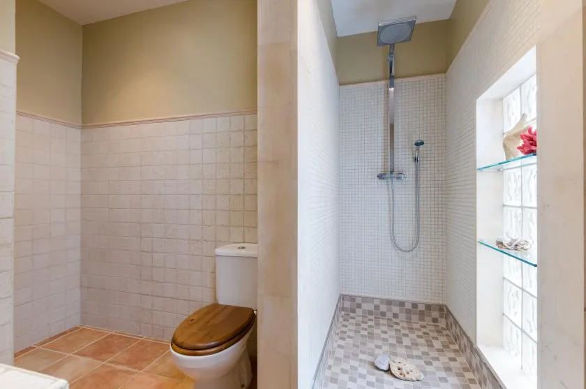 A tiled bathroom with a toilet beside a walk-in shower.