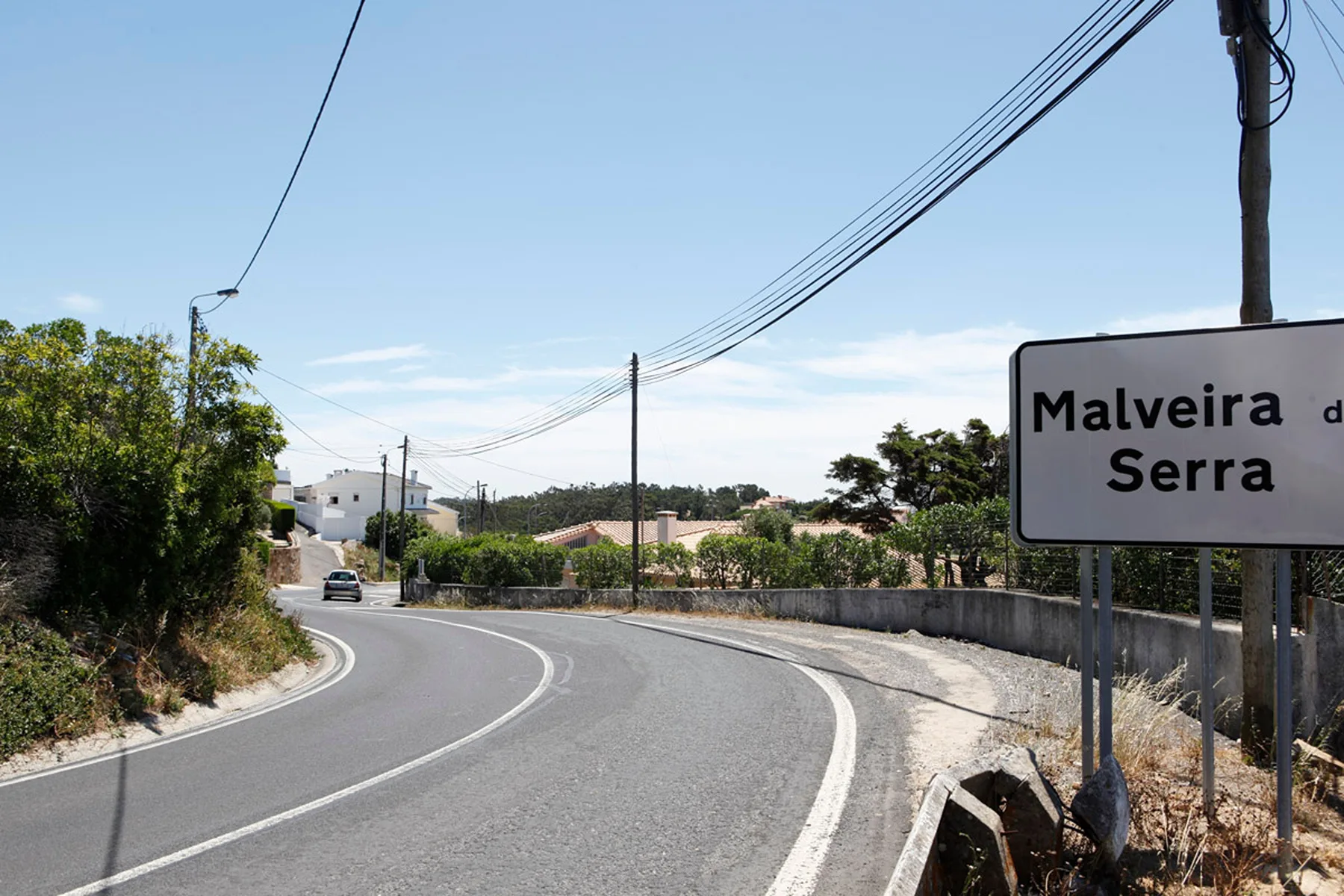 A curved paved road passes through a sunny residential area with a roadside sign.