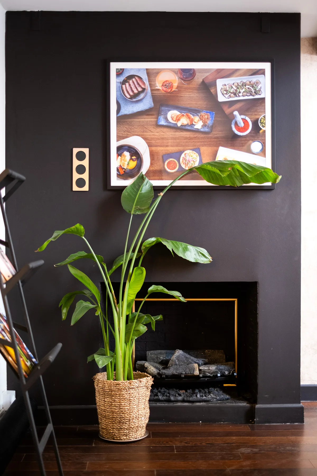 A dark living room features a fireplace, a potted plant, and framed food artwork.