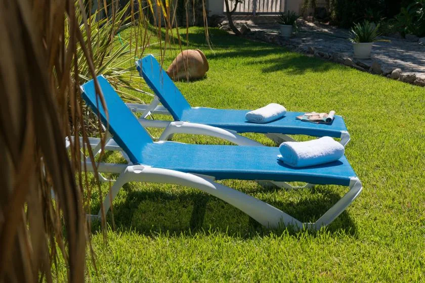 Two blue lounge chairs sit on a grassy lawn beside a stone path.