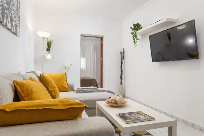 A bright living room with seating, a television, and a coffee table.