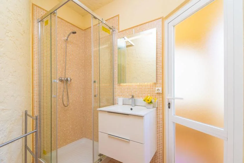 A bathroom with a glass shower, sink vanity, and wall mirror.