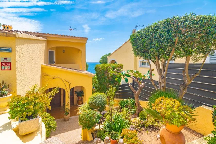 A sunny courtyard with landscaped plants, shaded seating, and yellow stucco buildings.