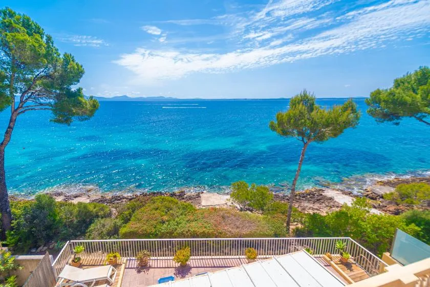 A seaside terrace overlooks clear blue water and a tree-lined rocky shore.