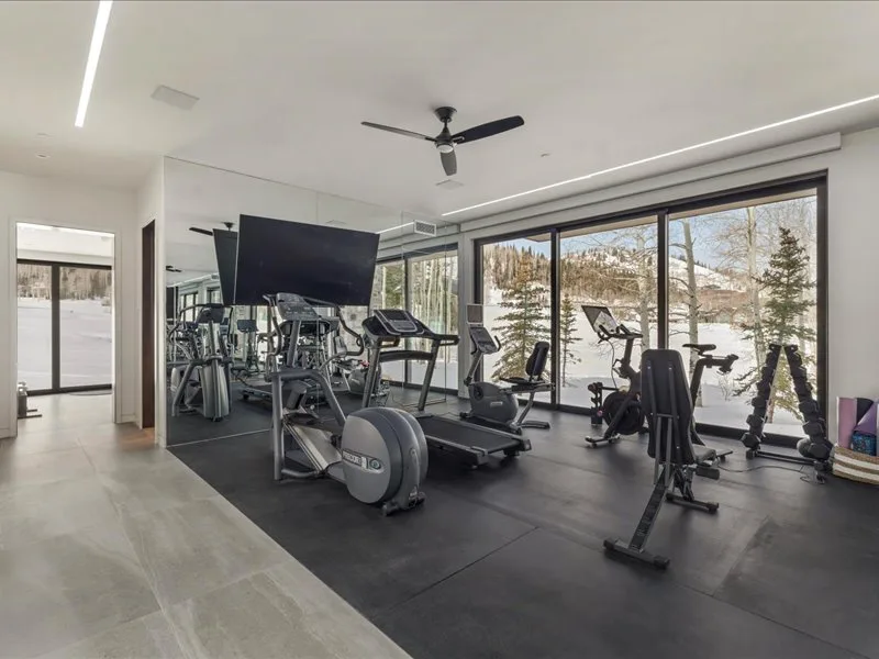 A bright home gym with exercise machines arranged in front of large windows.