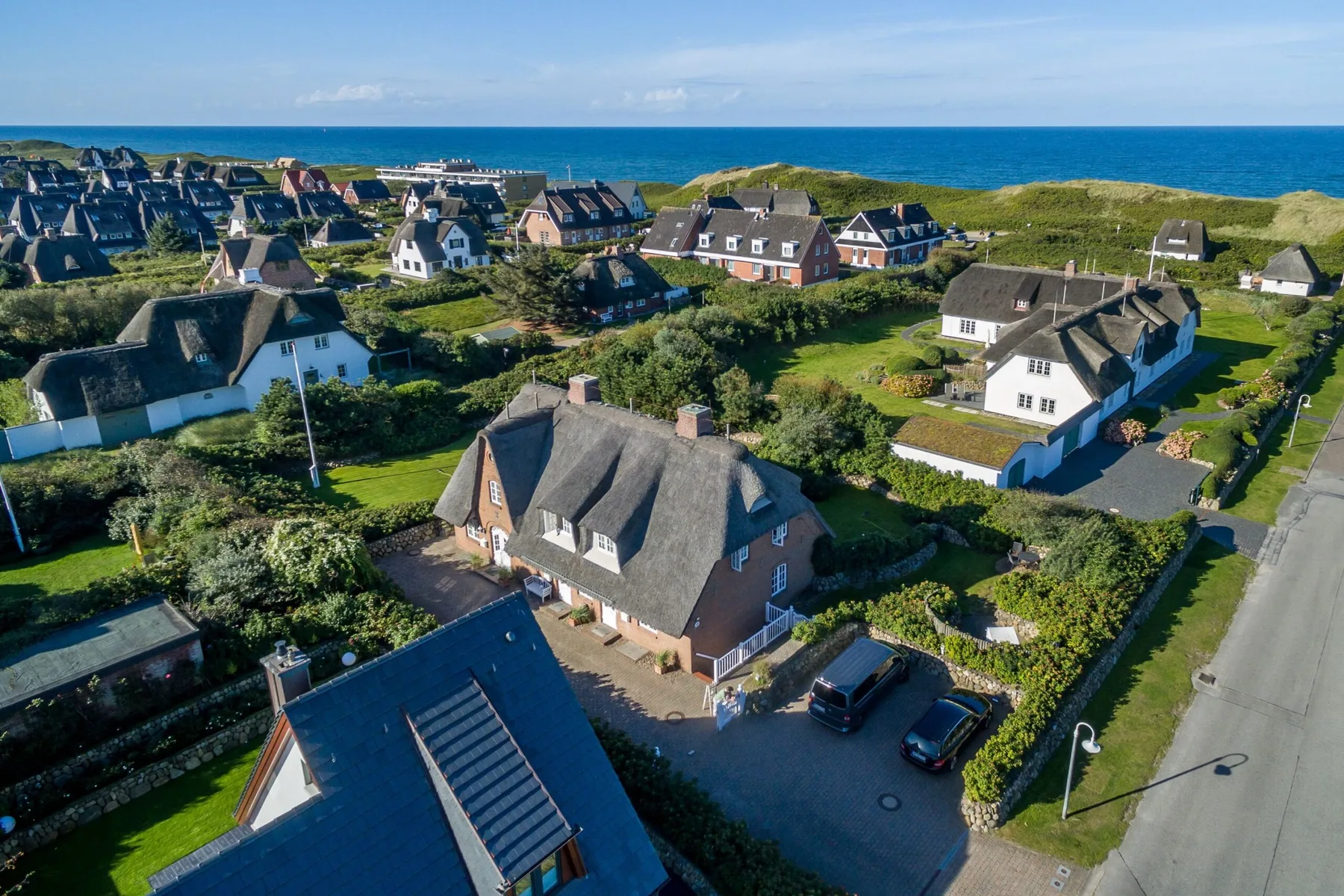 Vista aérea de casas costeras con jardines junto al mar.